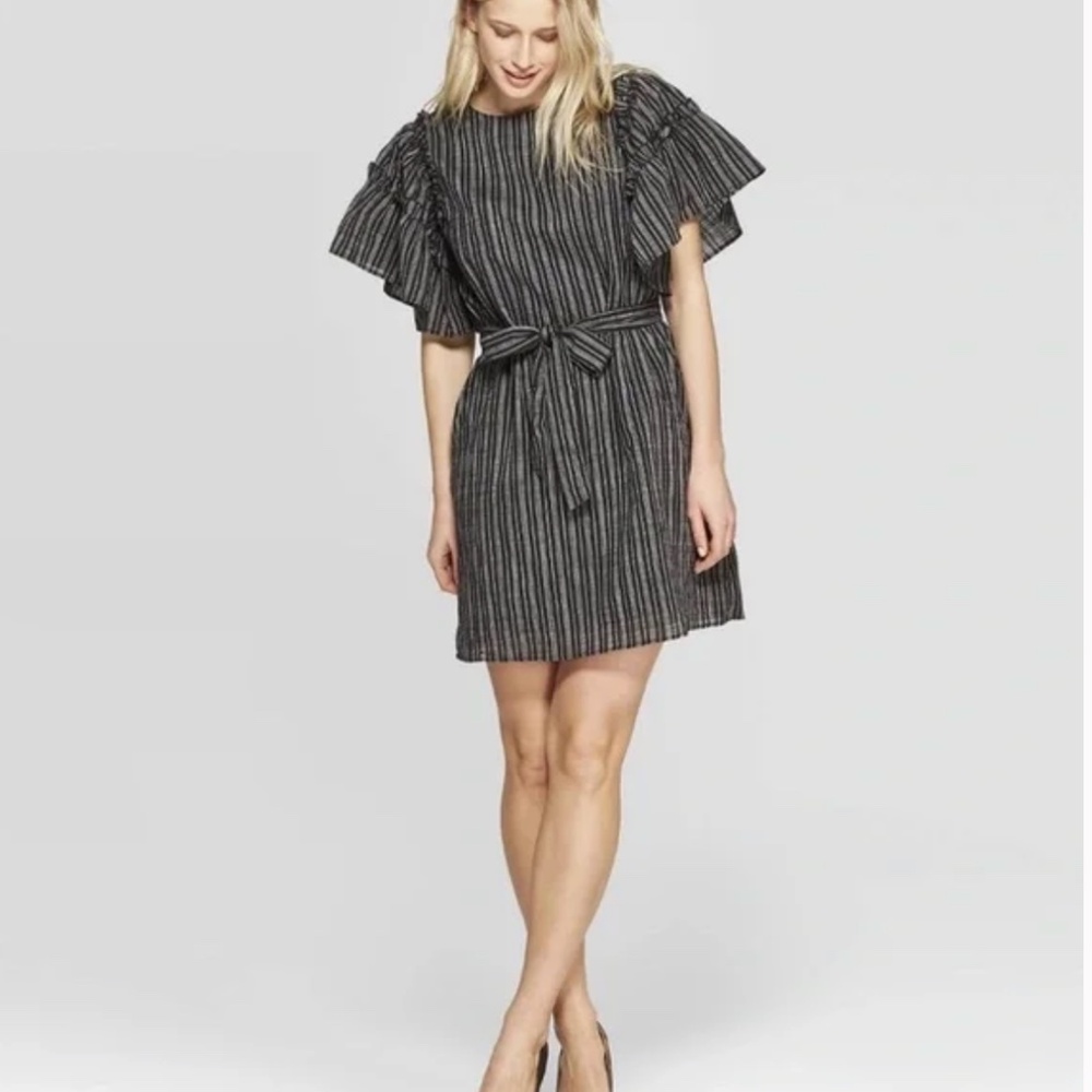 Who What Wear Striped Cotton Dress | Ruffle Sleeves + Belt | XS